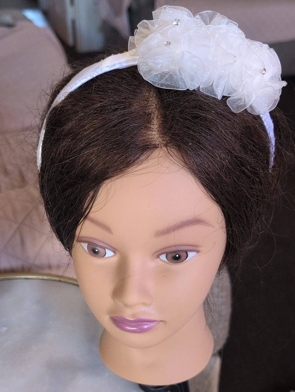 White Flower Mesh Rhinestones Kids Headband